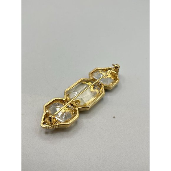 Vintage Intricate Gold Filigree Bar Pin Clear Acrylic Stones Classic Jewelry - Picture 5 of 8